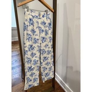 Monteau  Women's Floral Print Wide Leg Pants Cream Blue Sz M Linen Blend trouser